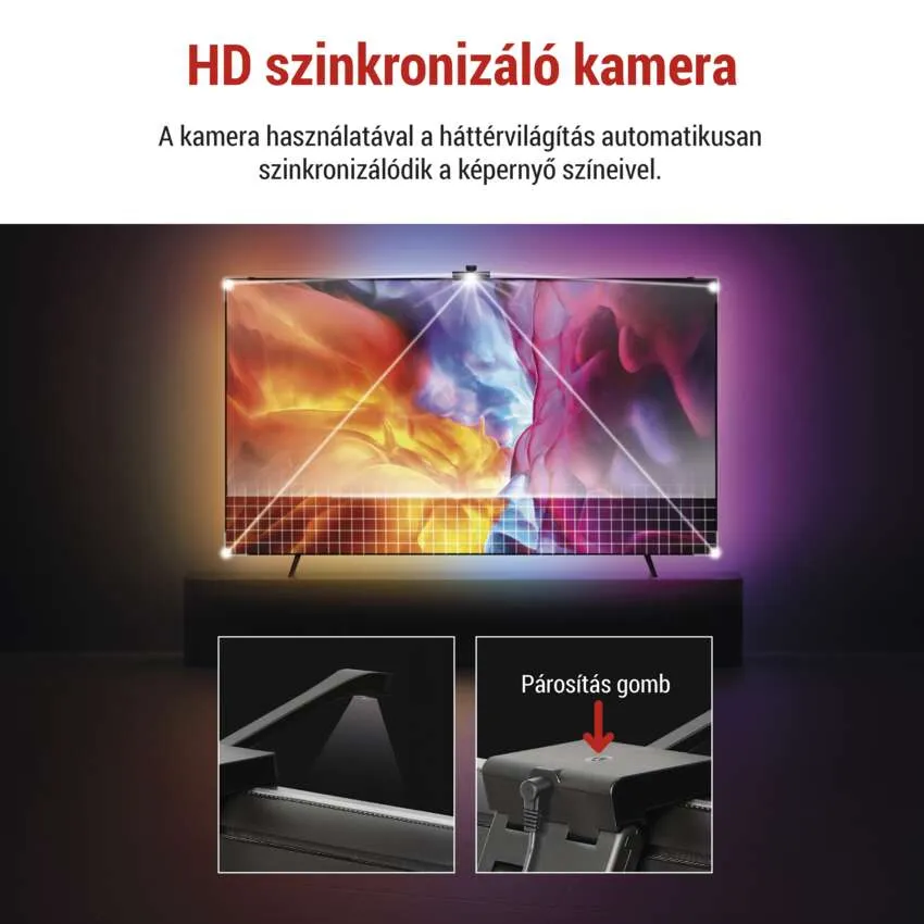 TV képernyő színes fényeffektusokkal, részletfotókkal.