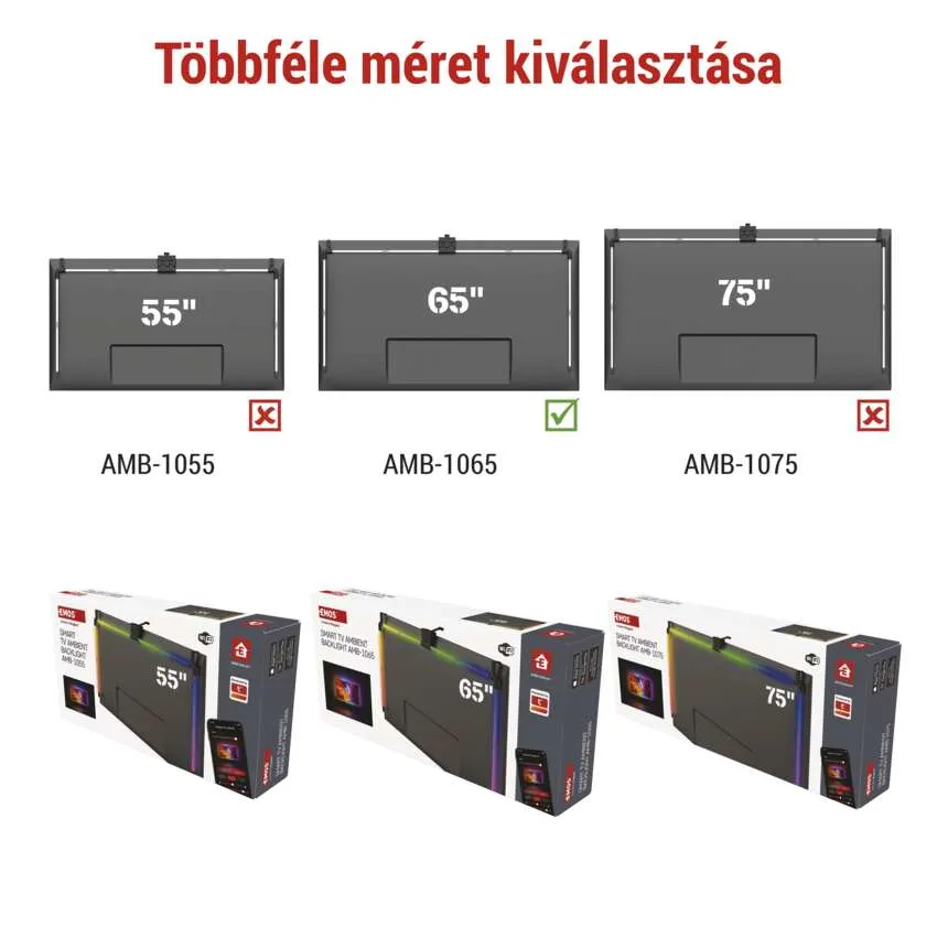 Kép: TV méretek. A dobozok 55", 65" és 75" felirattal vannak ellátva. A 65"-nél egy pipa van. Alatta TV-k dobozai láthatók.