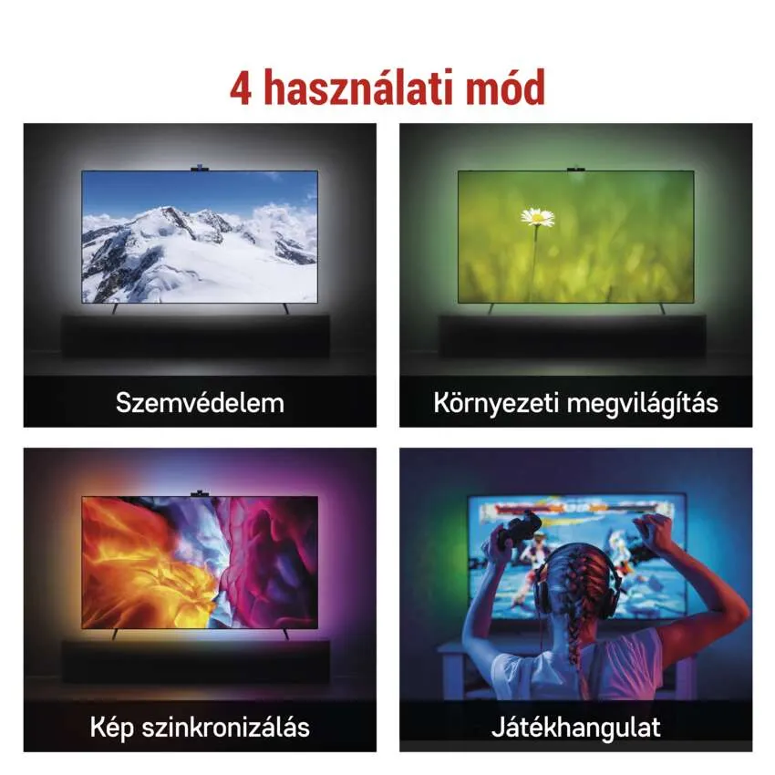 Négy TV képernyő, melyek a hangulatvilágítás különböző felhasználási módjait mutatják.