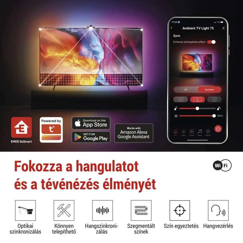TV hangulatvilágítással, telefonos alkalmazás, Wi-Fi ikon és egyéb ikonok.
