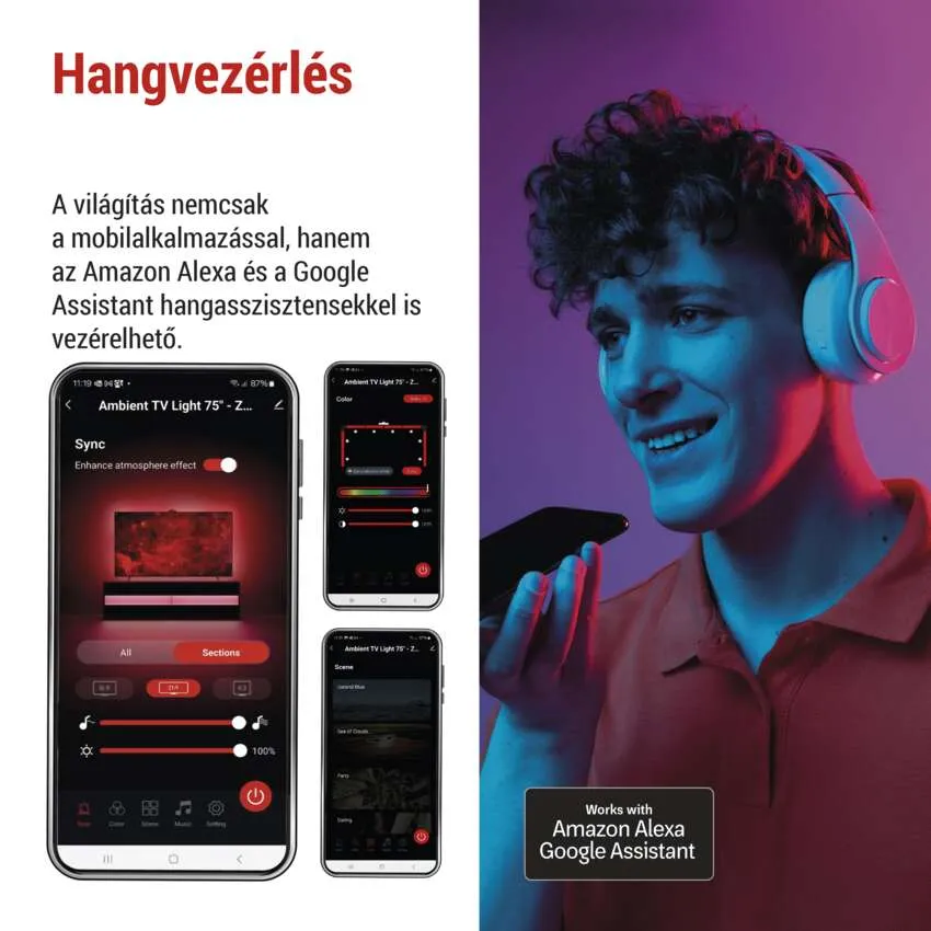 Férfi hangutasítást használ telefonnal, a képernyőn az alkalmazás felületével.