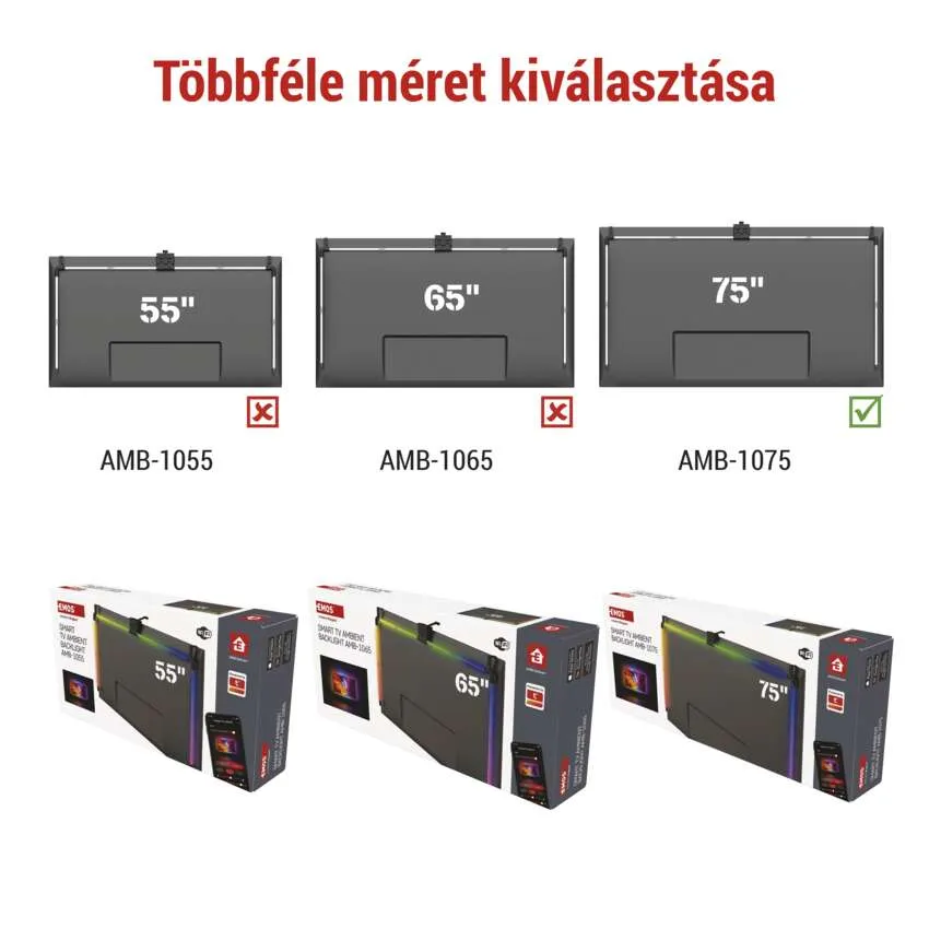 Három doboz Epos Smart TV Ambient Backlight különböző méretben (55", 65", 75").
