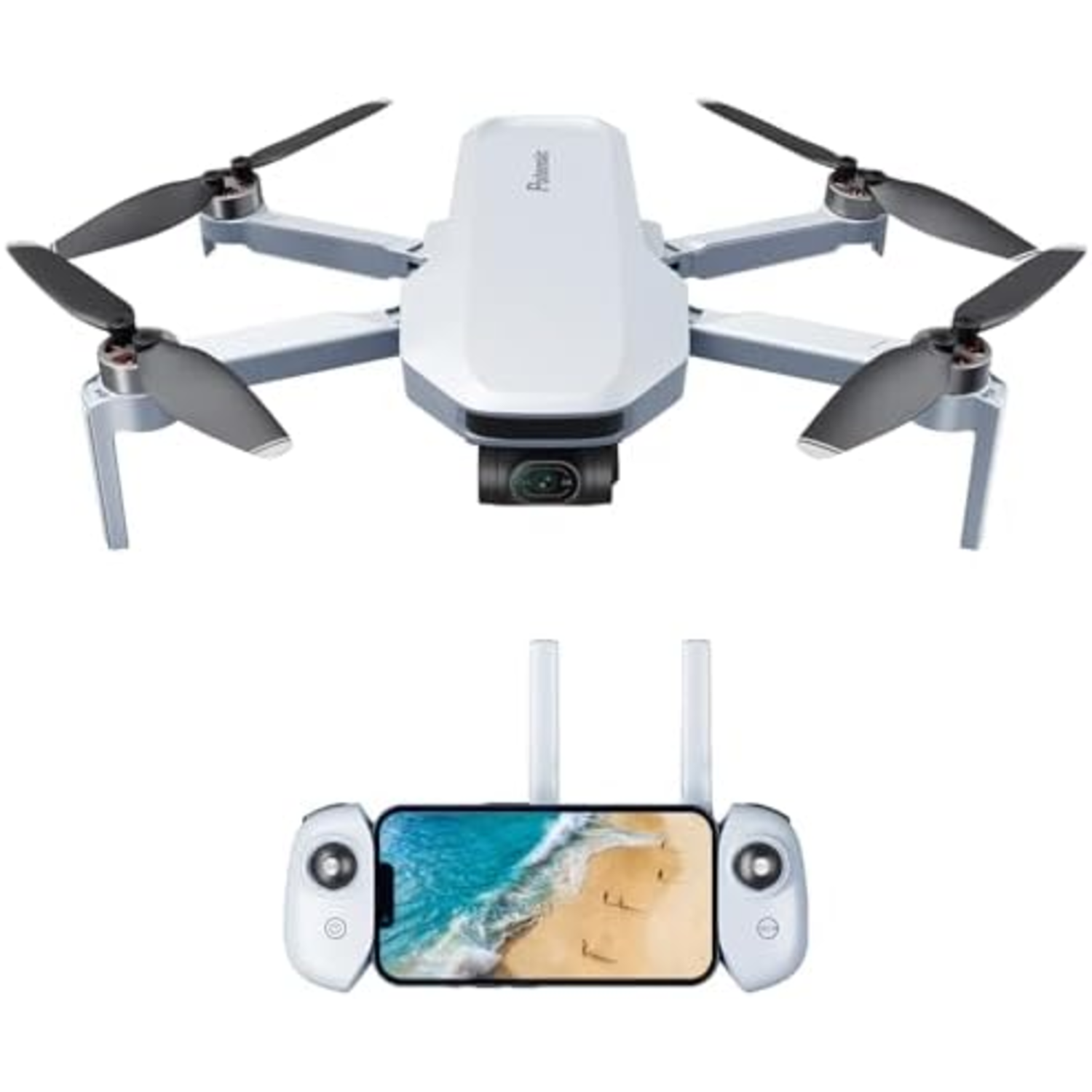 Un drone blanc avec une manette devant lui. La manette affiche une scène de plage.