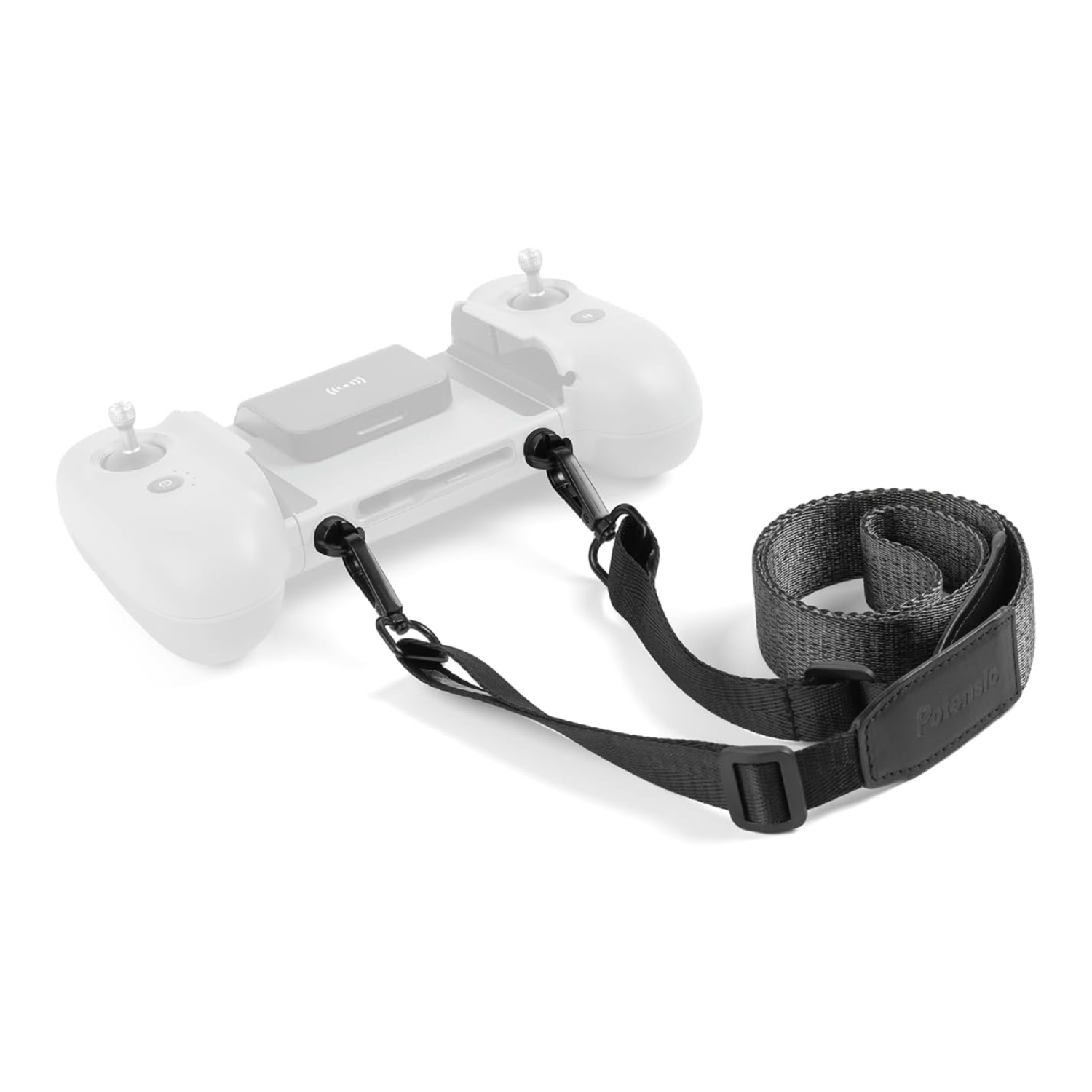 A black drone controller strap with the word Potensic. It has two black hooks.