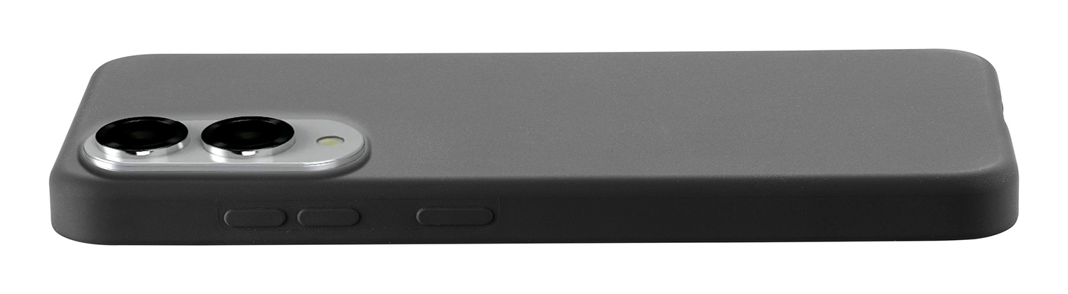Una funda de teléfono gris oscuro con dos lentes de cámara, botones laterales y una superficie lisa.