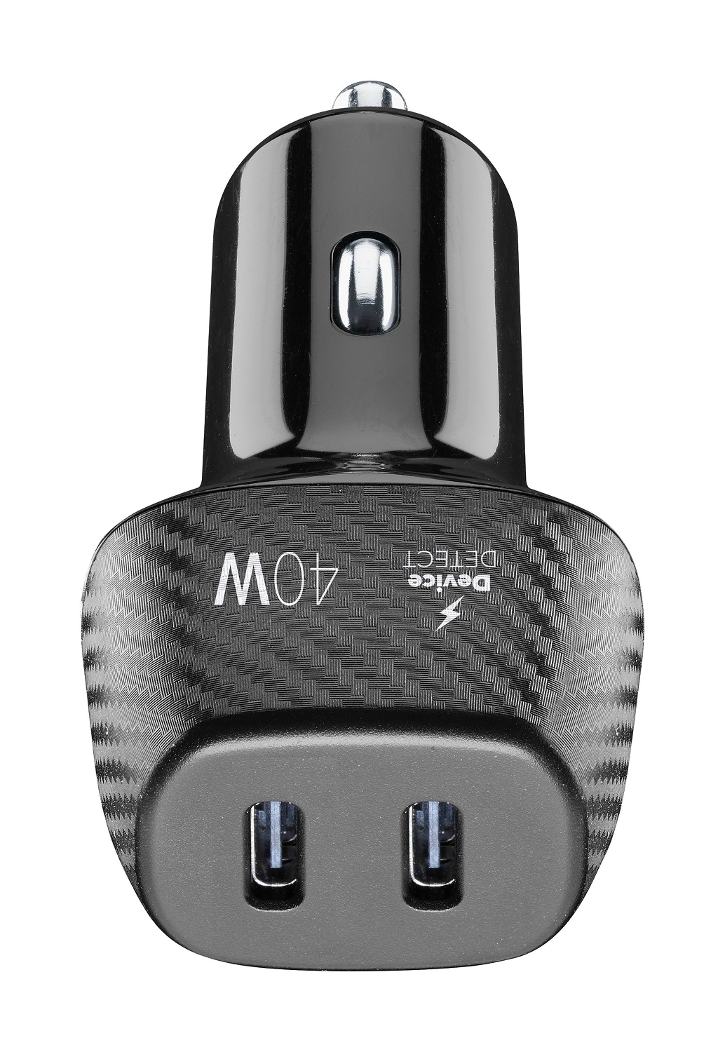 Cargador de coche negro con dos puertos USB y una etiqueta de 40W. Presenta una textura de fibra de carbono.