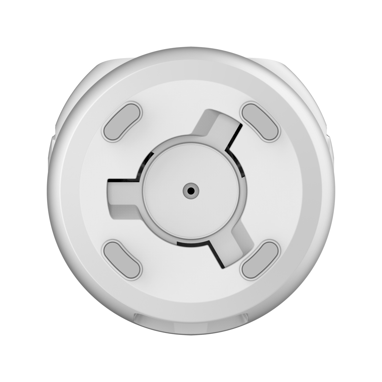 Base de caméra blanche, vue de dessous, sur fond blanc. Elle a un design circulaire avec des découpes.