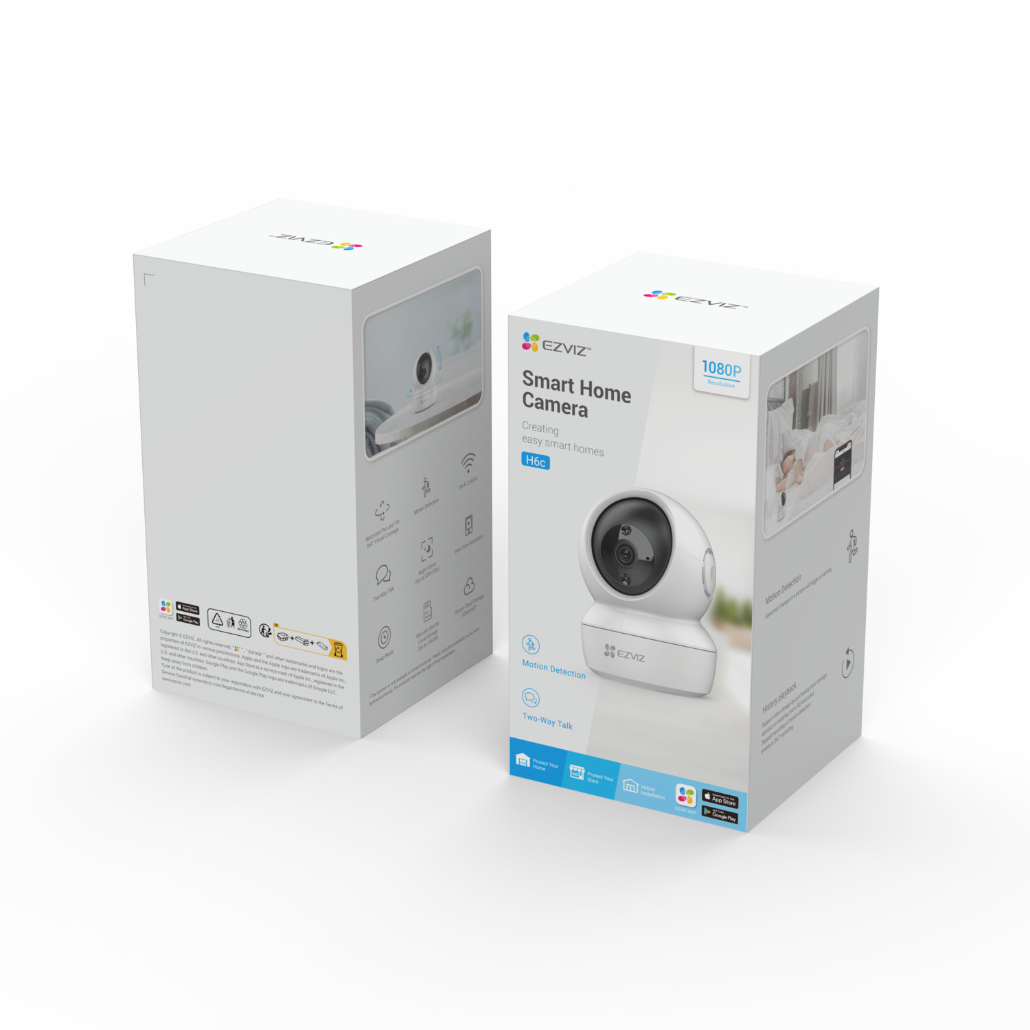 Deux boîtes blanches avec une image de caméra de sécurité. Les textes incluent 'Smart Home Camera' et '1080P'.