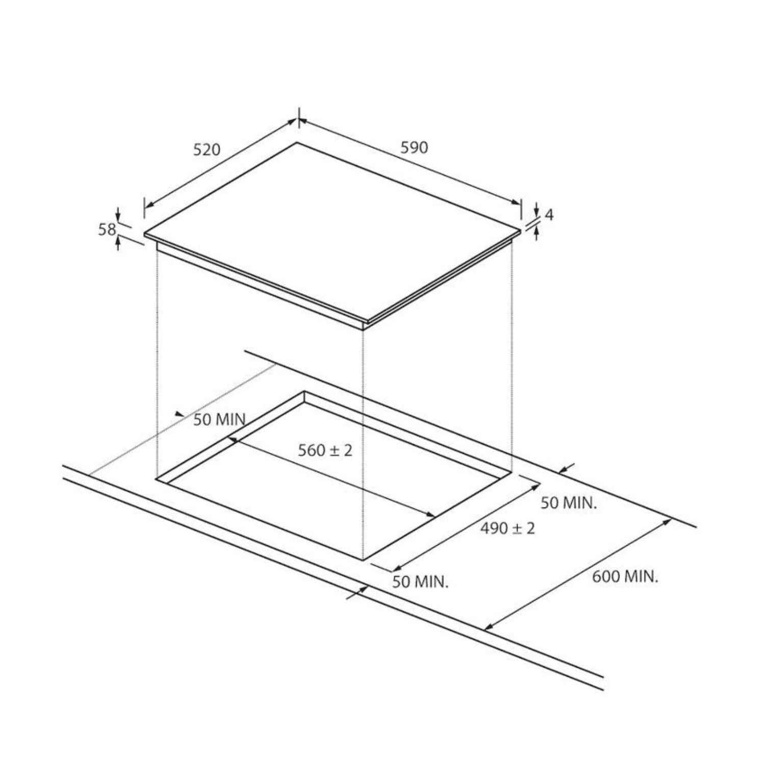 Disegno tecnico di un piano cottura. Dimensioni e misure sono etichettate con linee e frecce.