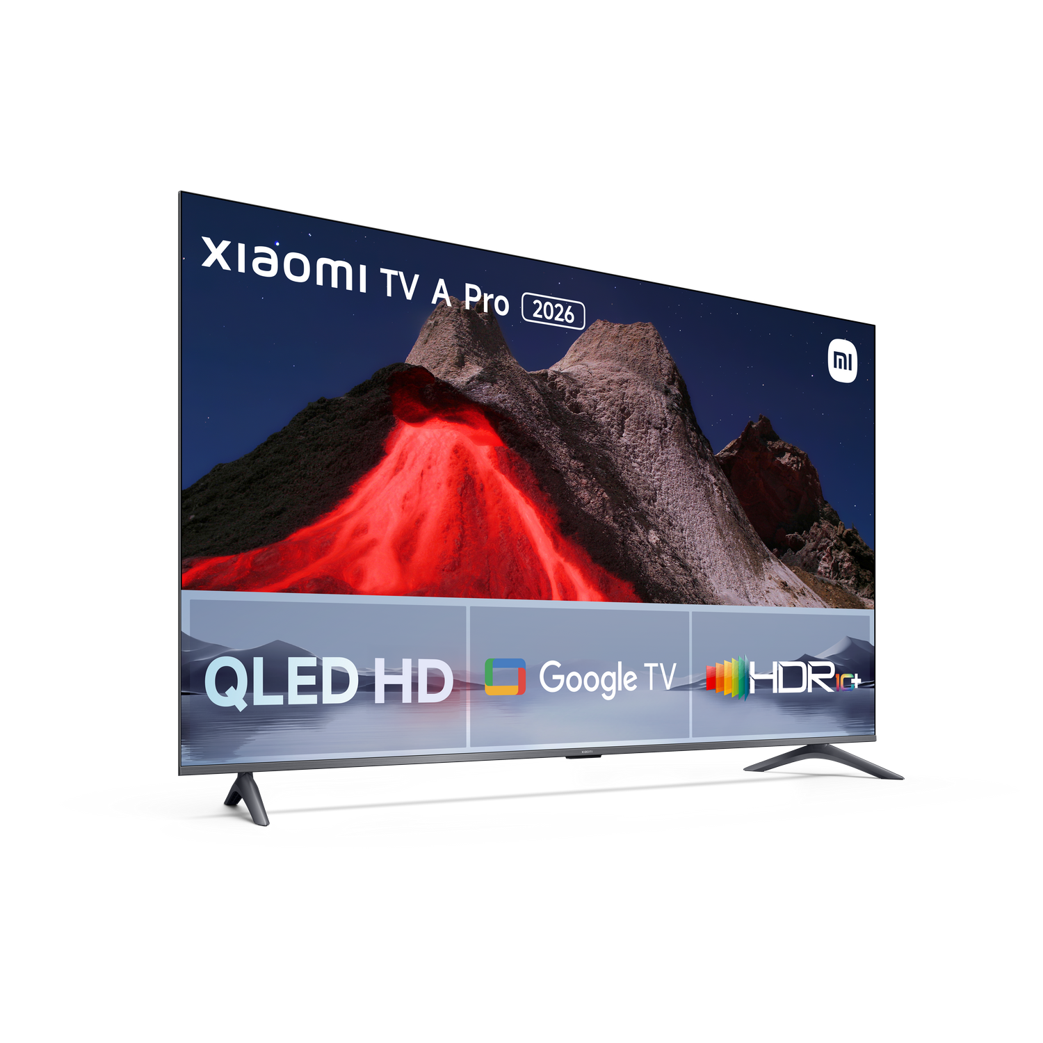 Xiaomi TV Pro 2026, QLED HD, Google TV, HDR+, imagen de montaña en pantalla. Fondo negro.
