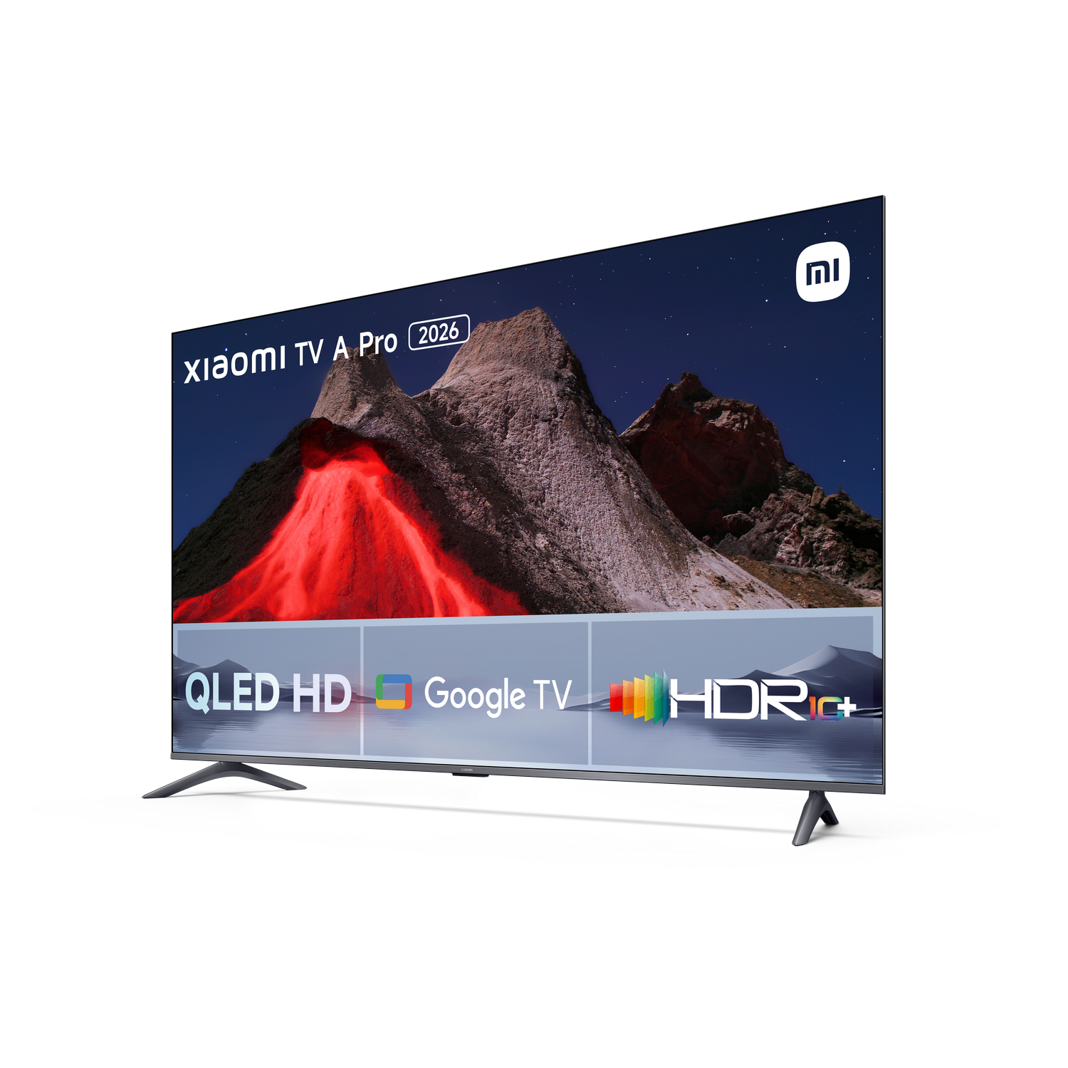 Xiaomi TV Pro 2026, QLED HD, Google TV, HDR+, imagen de montaña en pantalla. Fondo negro.
