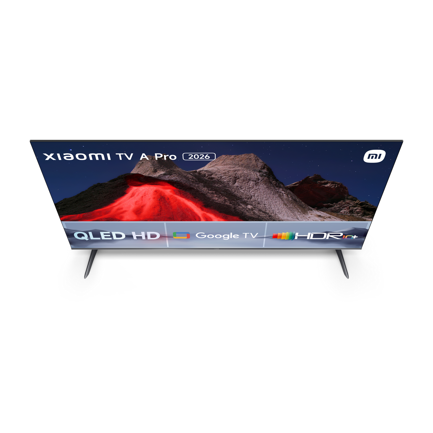 Xiaomi TV Pro 2026, QLED HD, Google TV, HDR+, imagen de montaña en pantalla. Fondo negro.