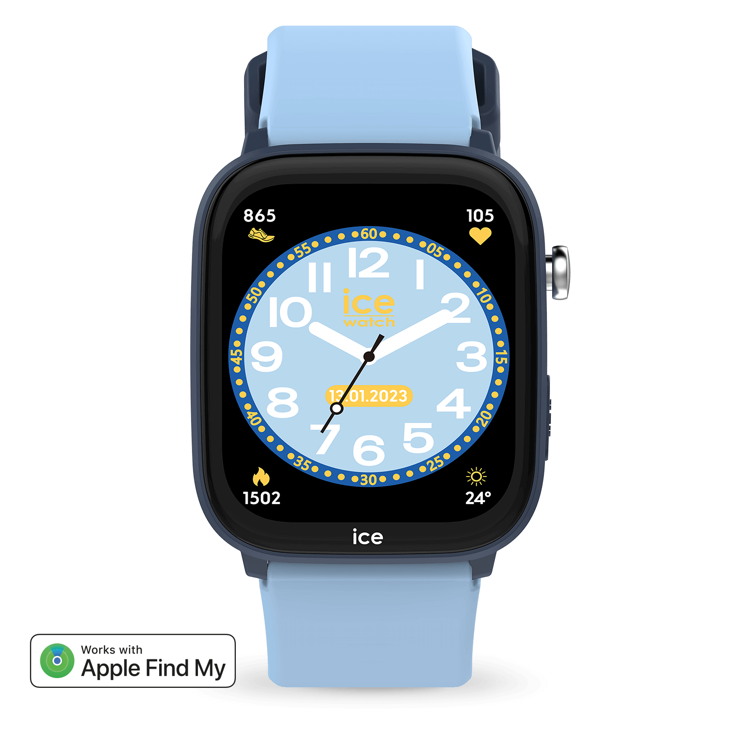 Montre connectée affichant l'heure et la date. Bracelet bleu, cadran bleu clair et logo Apple Find My.