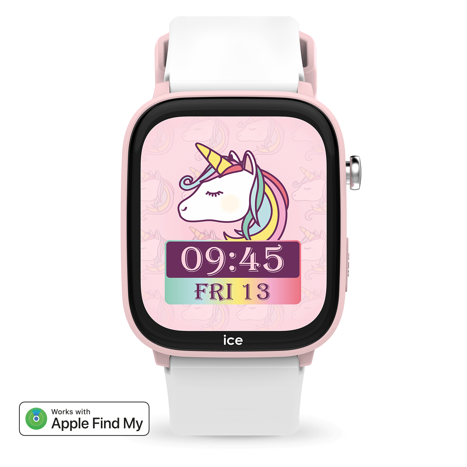 Roze smartwatch met eenhoornafbeelding. Witte band. Geeft tijd en datum weer.