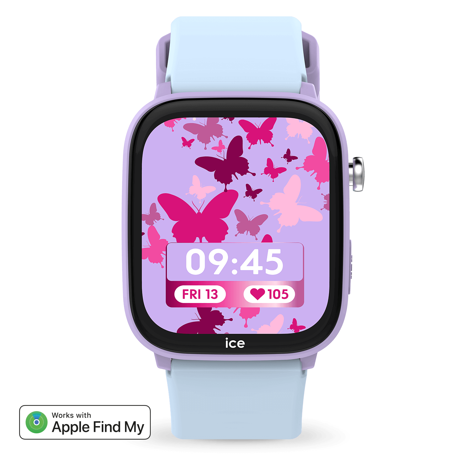 Smartwatch toont 09:45 en een vlinderontwerp op het scherm, lichtblauwe bandjes en het Apple Find My-logo.