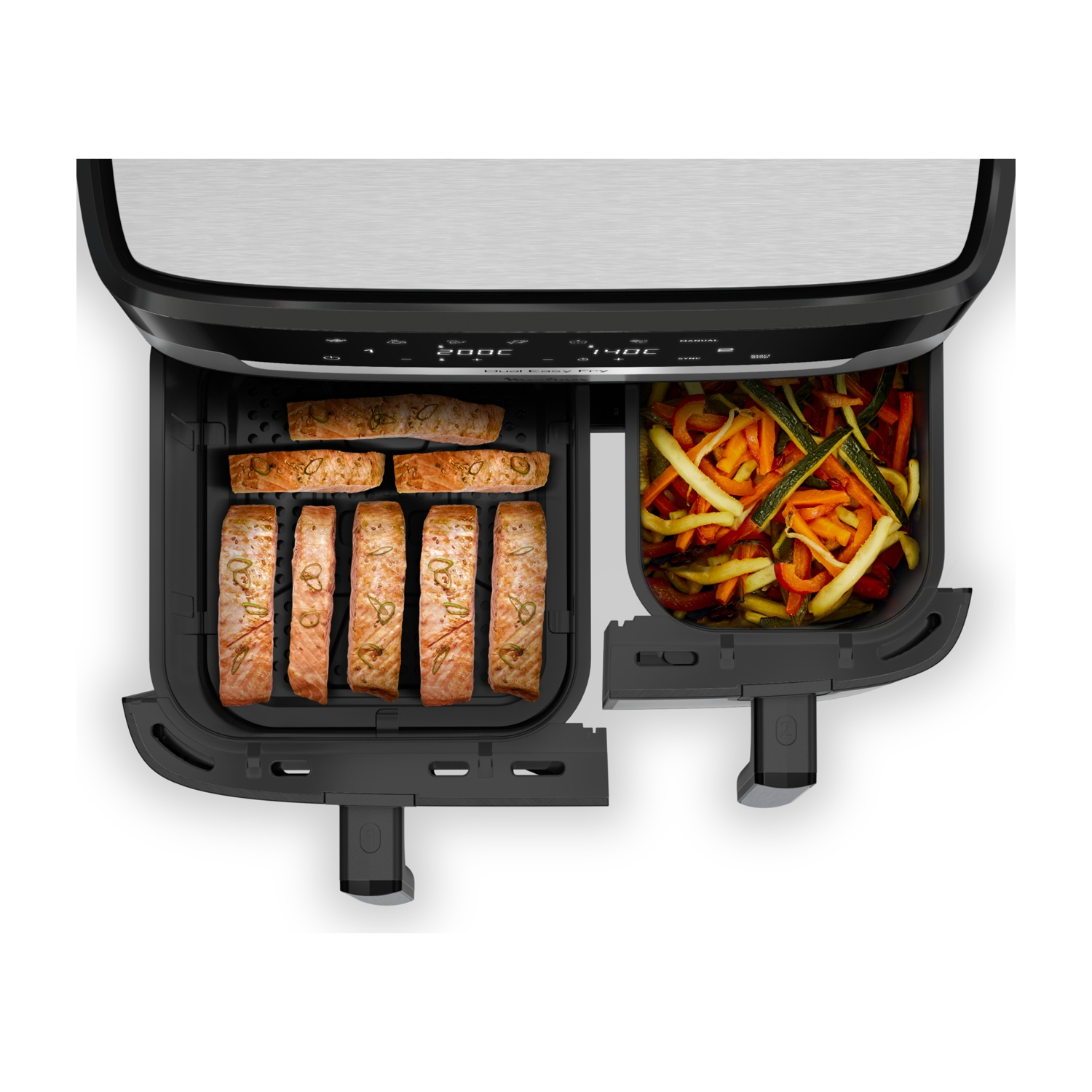 Friggitrice ad aria Moulinex Dual Easy Fry con salmone cotto e verdure nei compartimenti.