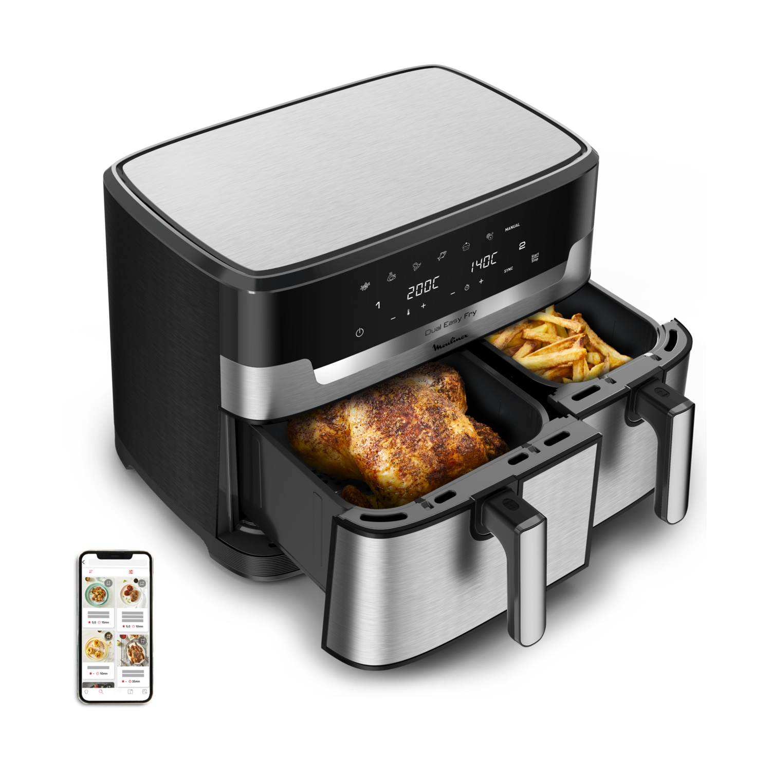 Friggitrice ad aria Moulinex Dual Easy Fry con un pollo e patatine fritte, con un telefono che mostra le ricette.