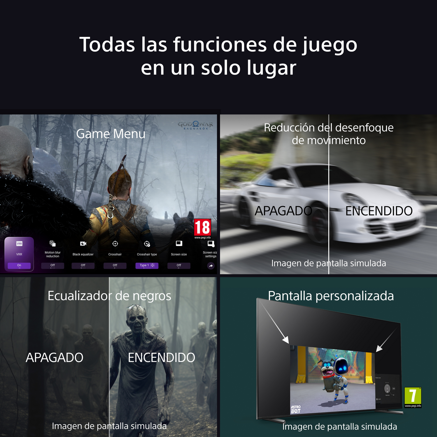 La imagen muestra configuraciones de TV para juegos: menú de juego, reducción de desenfoque de movimiento, ecualizador de negros y pantalla personalizada.