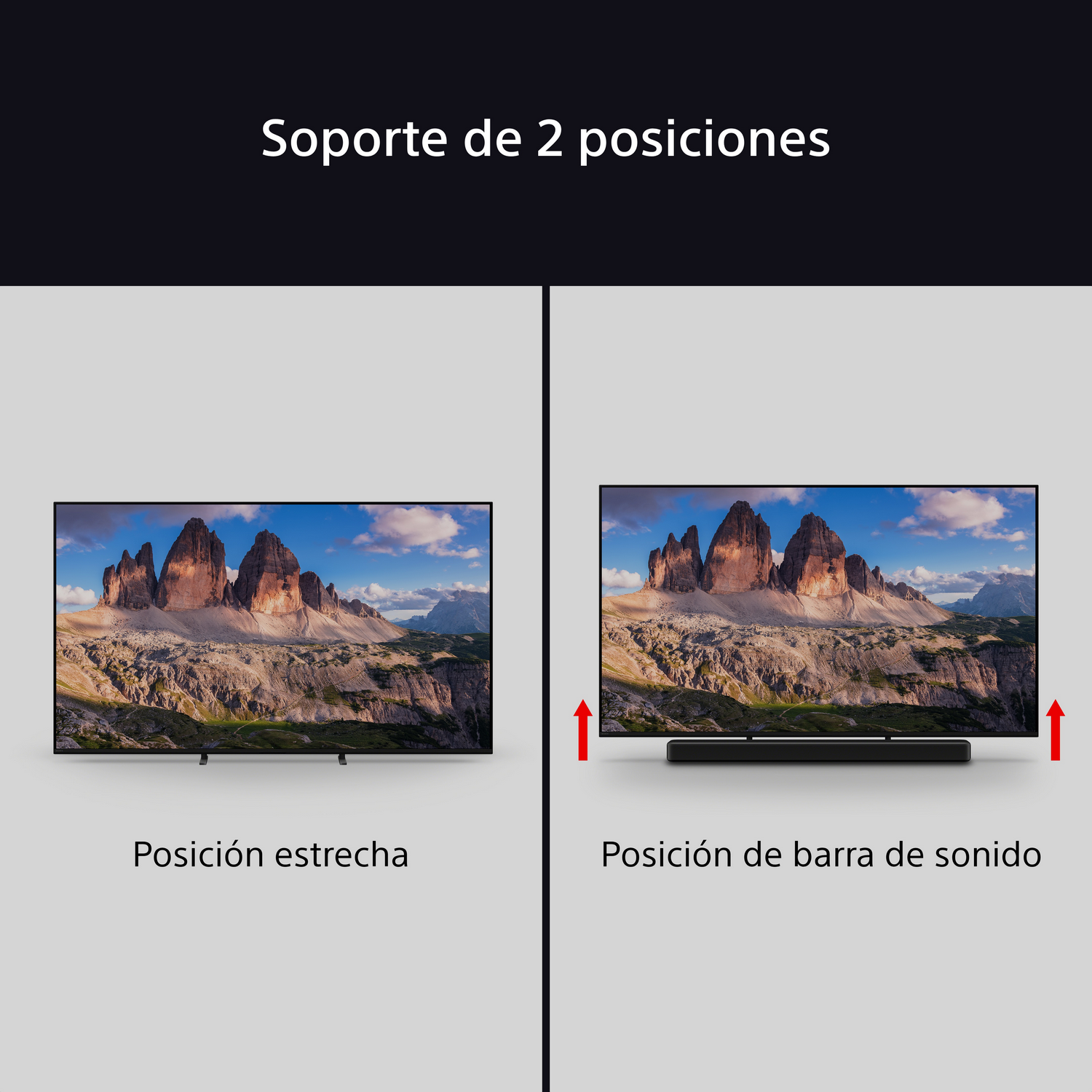 Dos televisores muestran la misma escena de montaña. Uno está en un soporte, el otro tiene una barra de sonido.