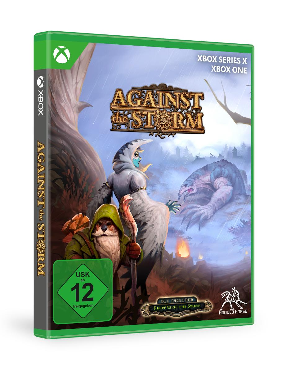 Spielbox-Art: Gegen den Sturm, eine Fantasieszene mit Charakteren und einem Sturm.