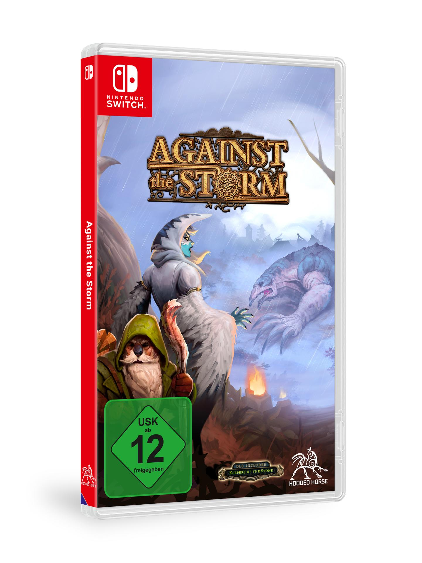 Nintendo Switch Spielbox mit dem Spiel-Cover gegen den Sturm.