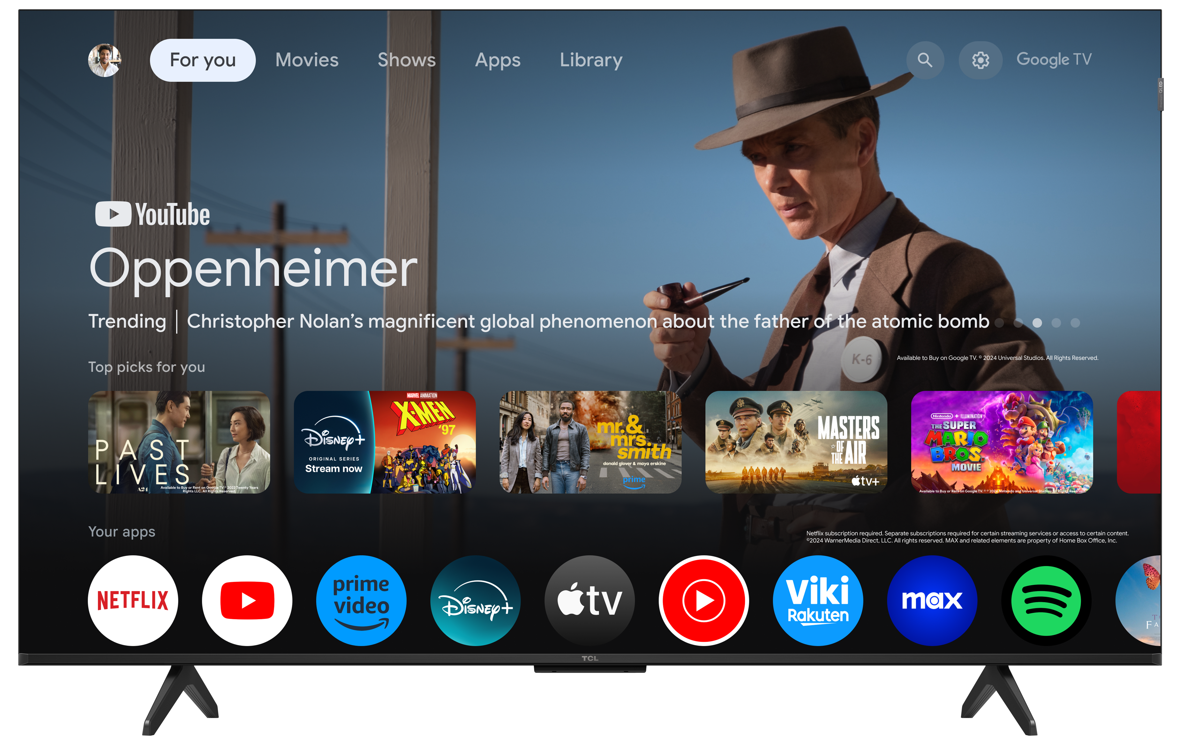 Ekran telewizora z ekranem głównym z aplikacjami wideo.