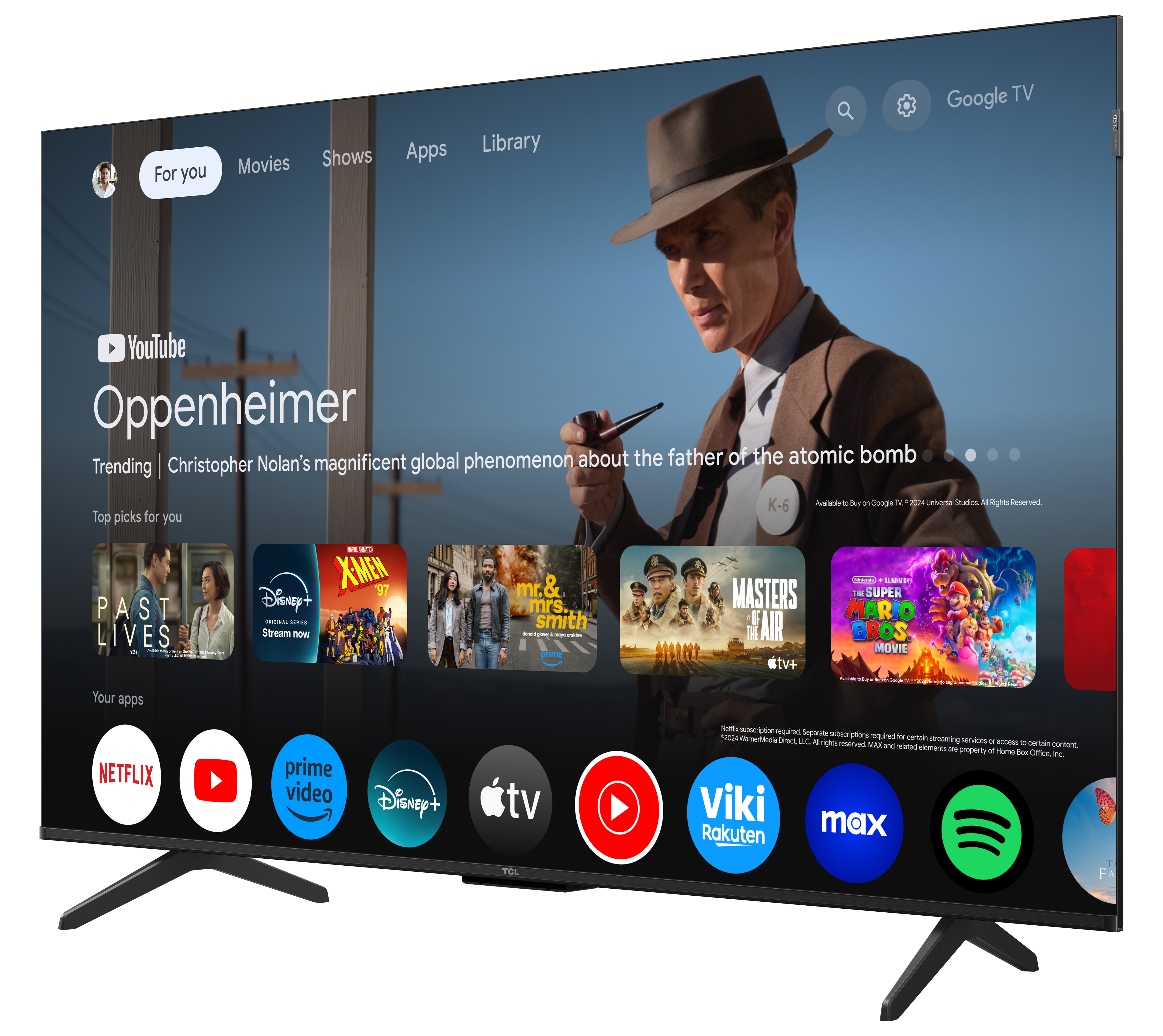 Ekran telewizora z ekranem głównym z aplikacjami wideo.