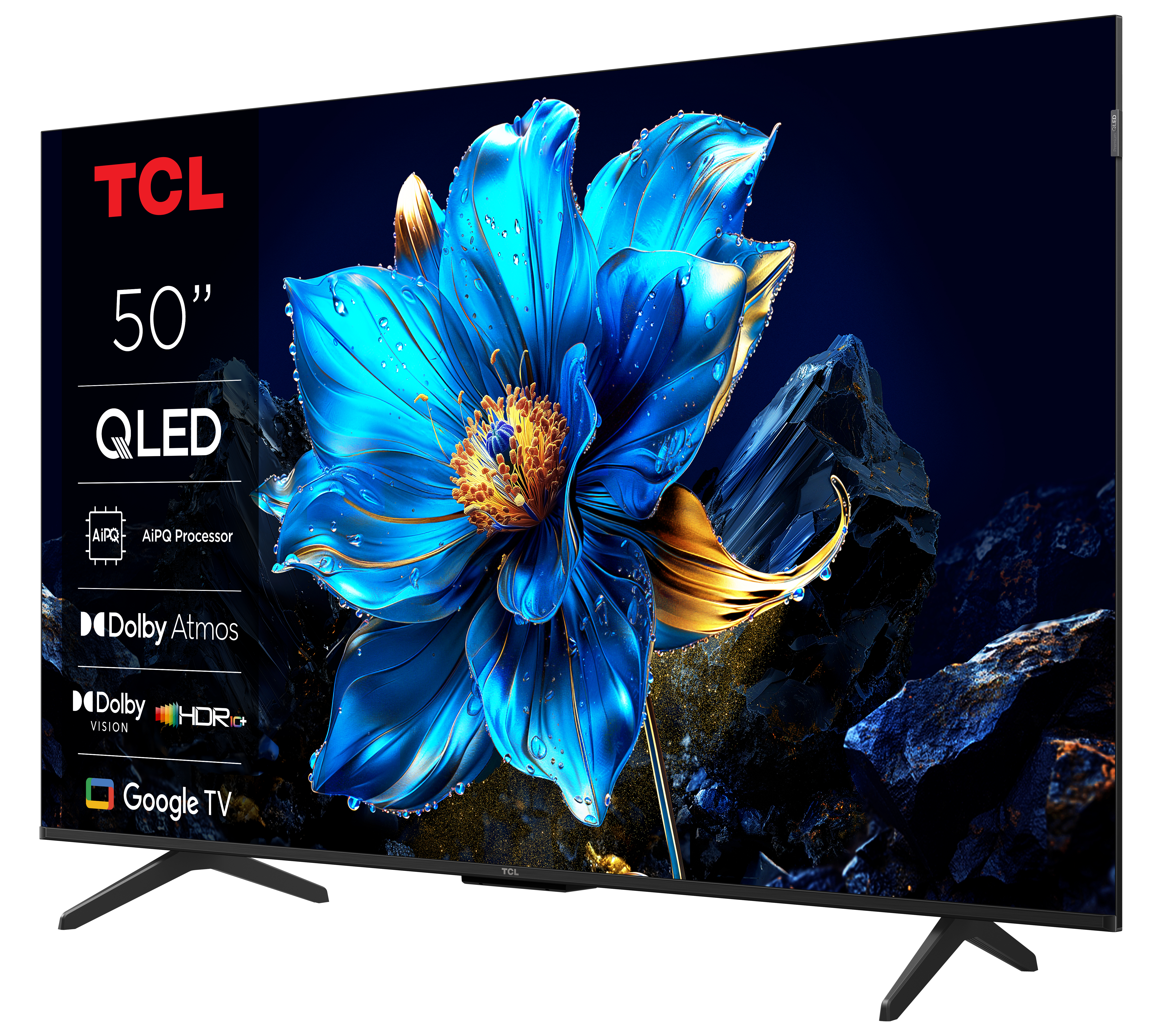 Ekran telewizora z niebieskim kwiatem pośrodku i logo TCL.