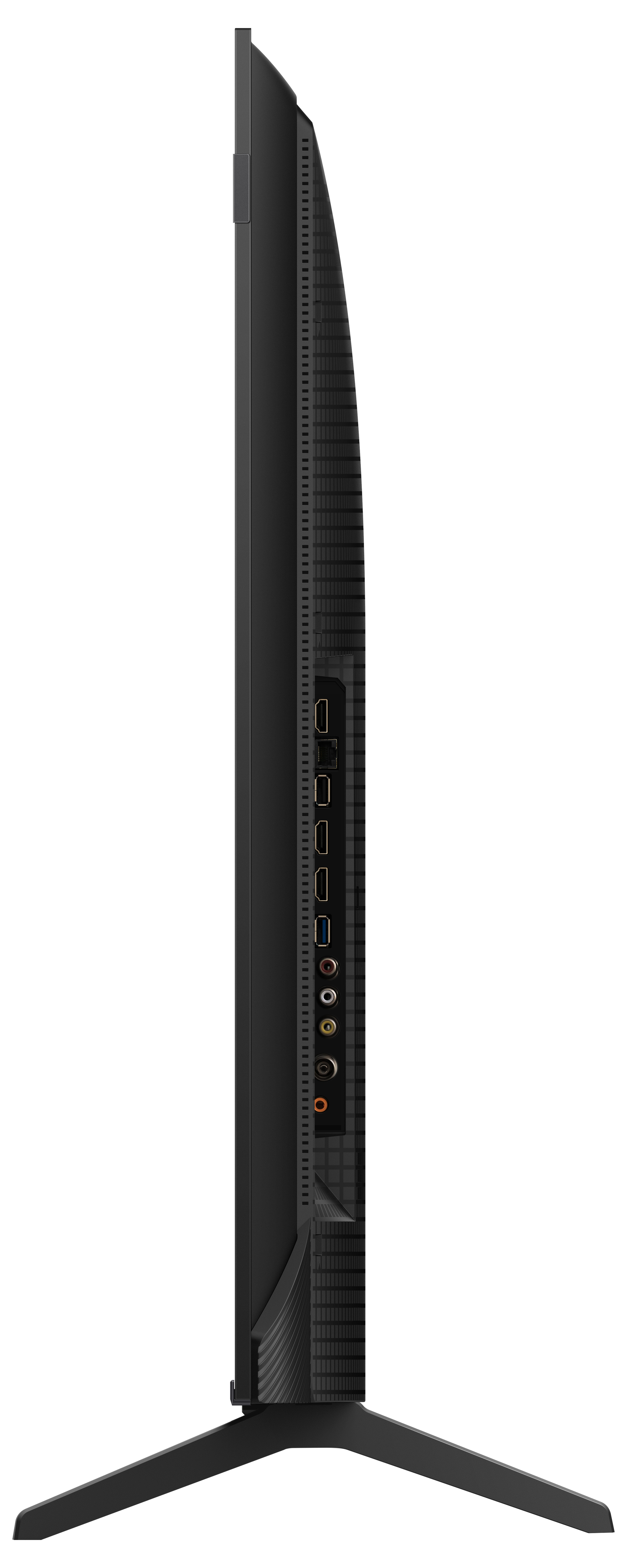 Widok z boku czarnego, nowoczesnego monitora komputera z kilkoma portami na czarnym tle.