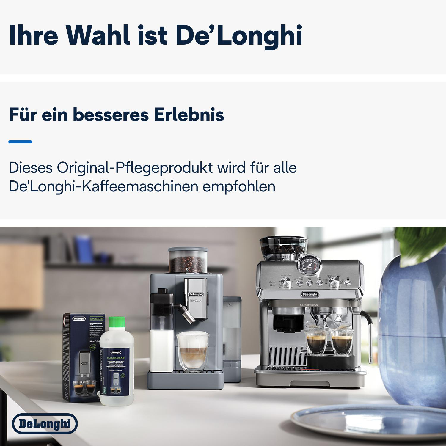 Bild von De'Longhi Kaffeemaschinen und Text auf Deutsch, die die Marke bewerben.