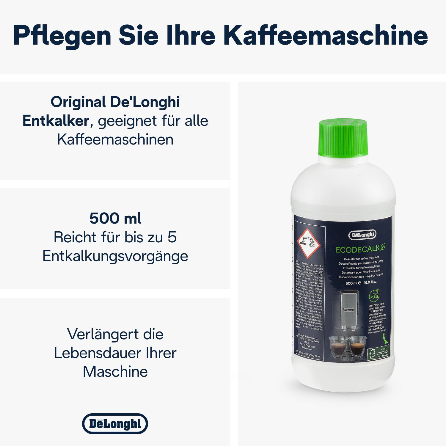 Das Bild zeigt eine De'Longhi Entkalkerflasche und Text auf Deutsch, der das Produkt bewirbt.