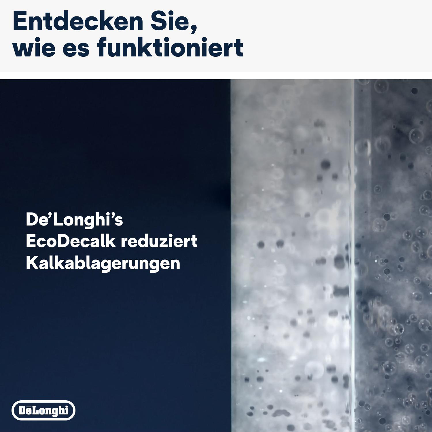 Bild von De'Longhi's Ecodecalk Entkalker, der Kalkablagerungen reduziert, mit Text auf Deutsch.