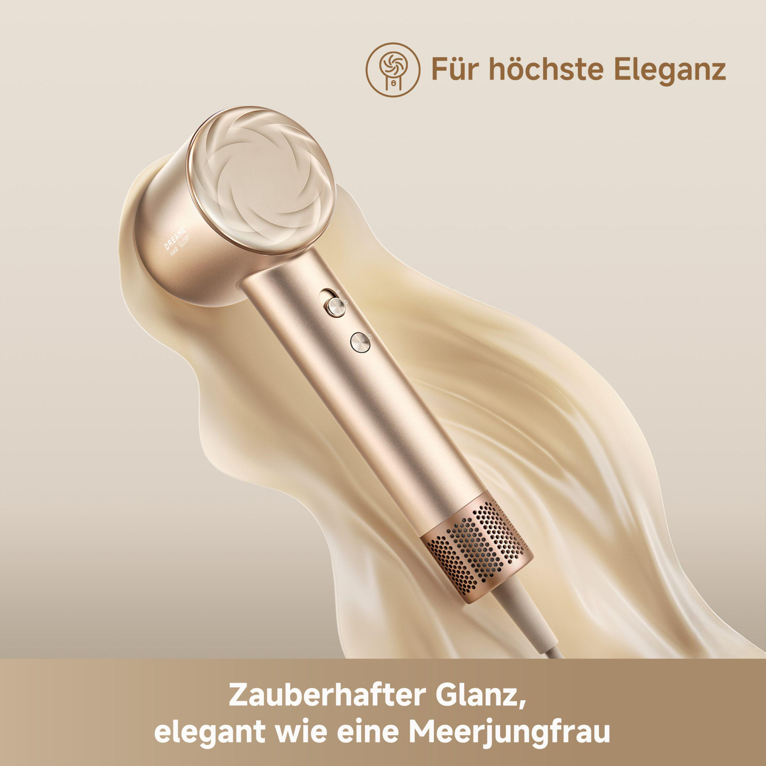 Goldener Haartrockner mit Frau. Goldener Haartrockner mit Frau. Weißer Hintergrund.