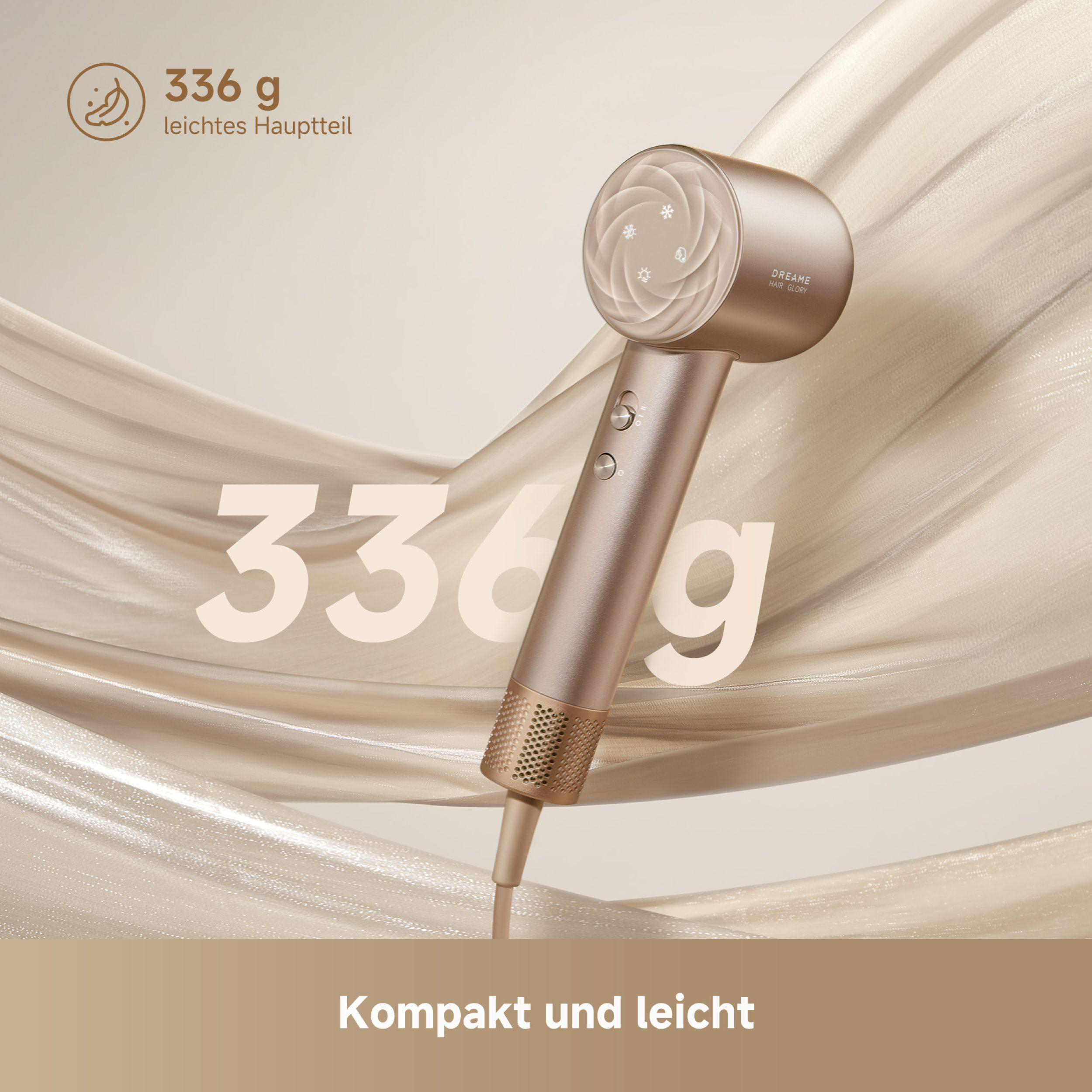 Nahaufnahme eines goldenen Haartrockners, mit Text über das Produkt.