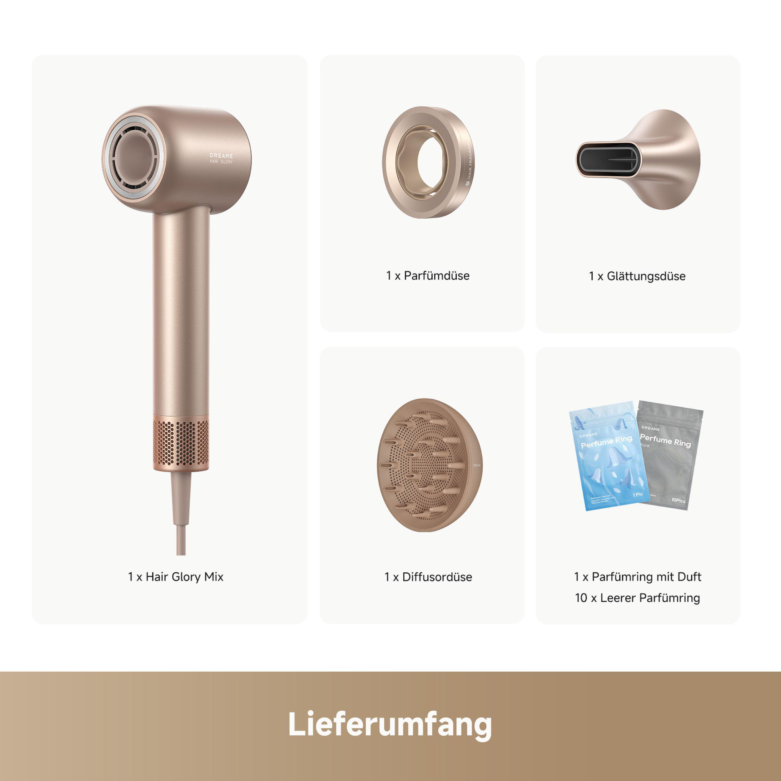 Ein Haartrockner mit Zubehör, mit Text über das Produkt.
