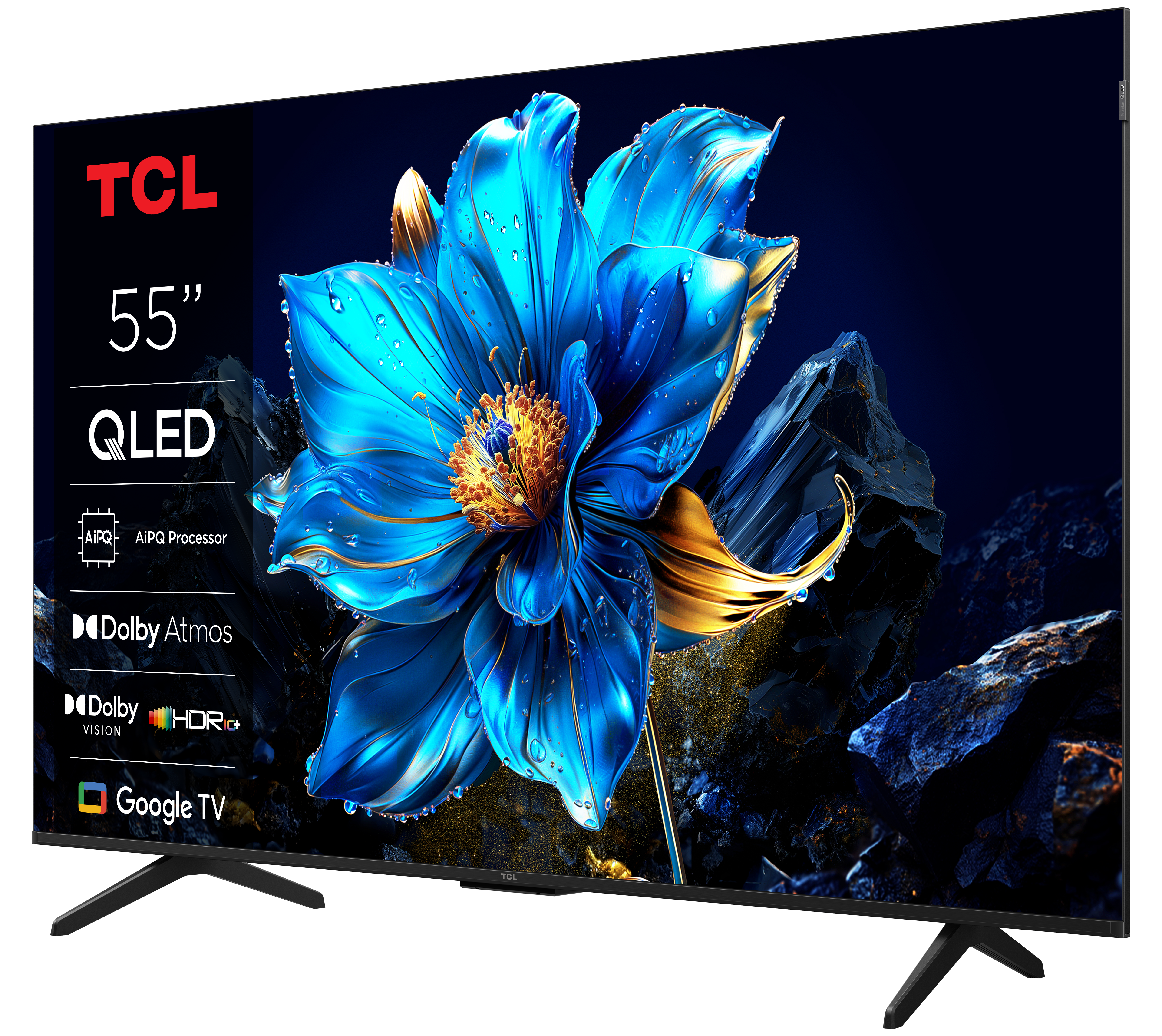 Telewizor TCL 55" QLED wyświetlający niebieski kwiat, z logo funkcji.