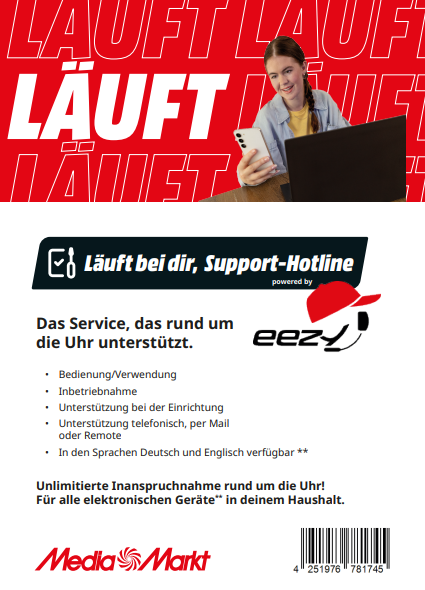Media Markt Anzeige mit einem Mädchen, das ein Telefon und einen Laptop benutzt, und Text über Support.