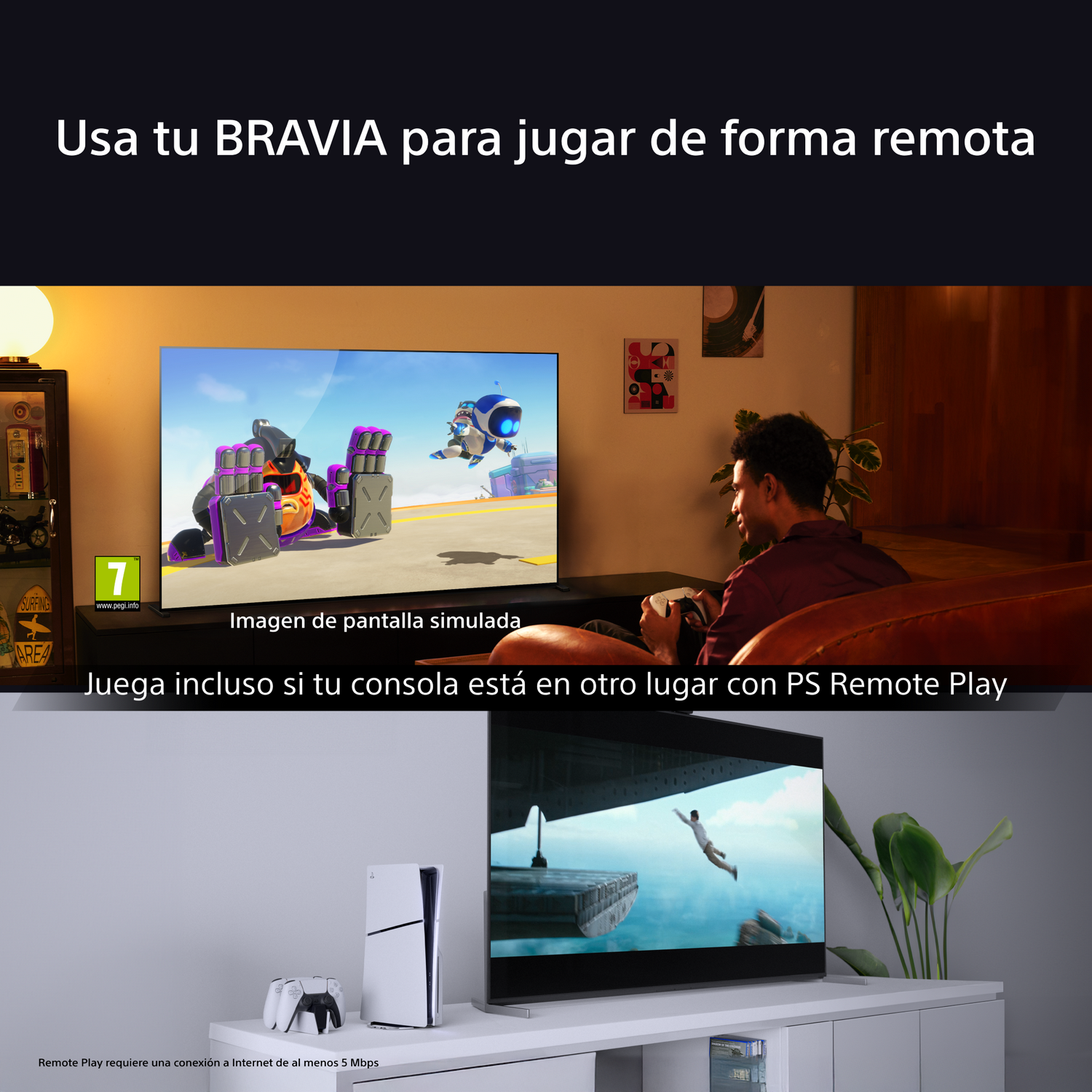 Una persona jugando en un televisor usando PS Remote Play, con una PS5 visible.