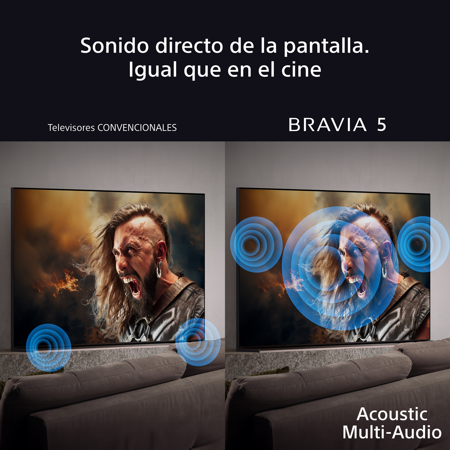 Dos televisores lado a lado. Uno convencional, el otro un BRAVIA 5, mostrando ondas de sonido que emanan de la pantalla.