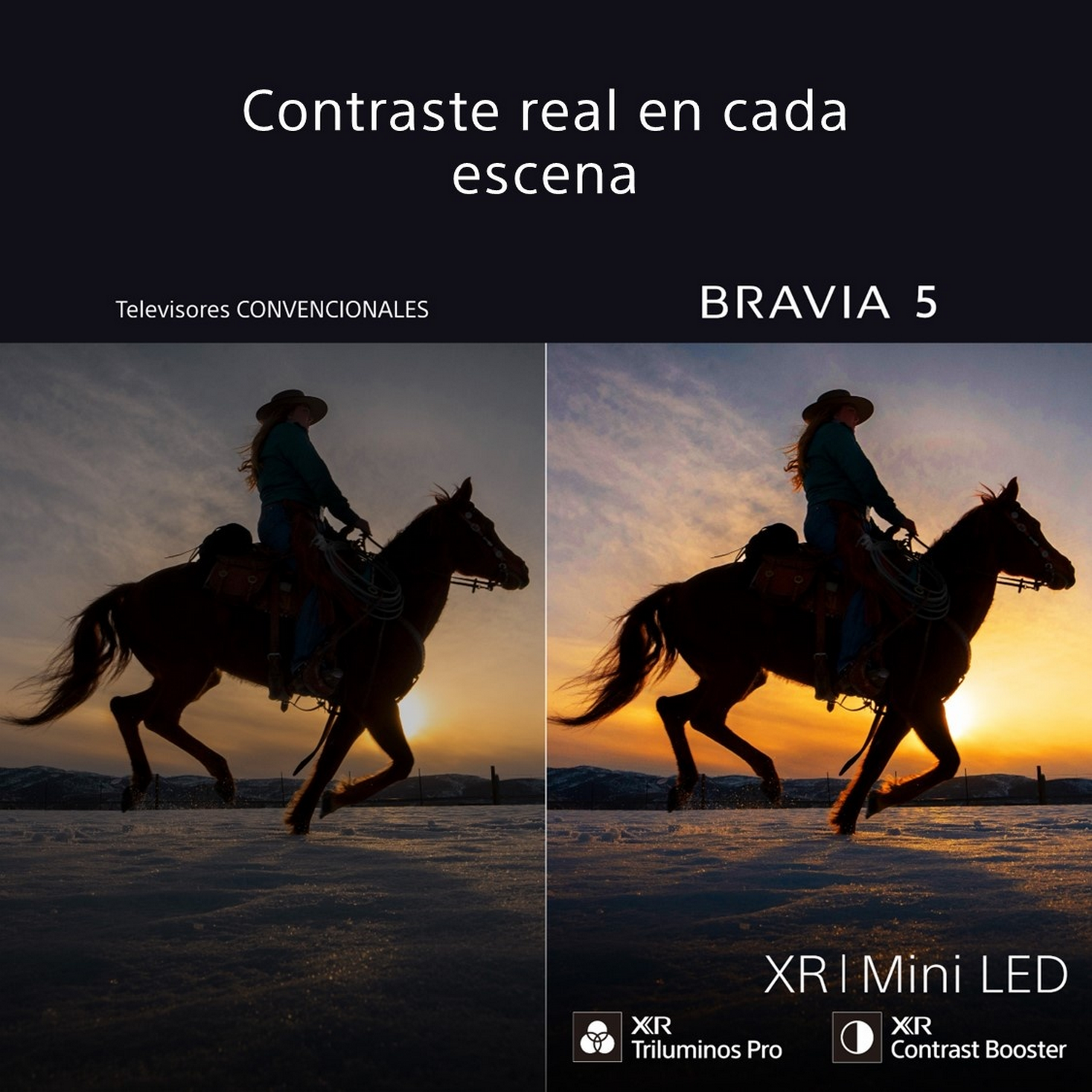 Dos televisores lado a lado, mostrando una escena de atardecer. Uno es convencional, el otro es BRAVIA 5, con XR Mini LED.