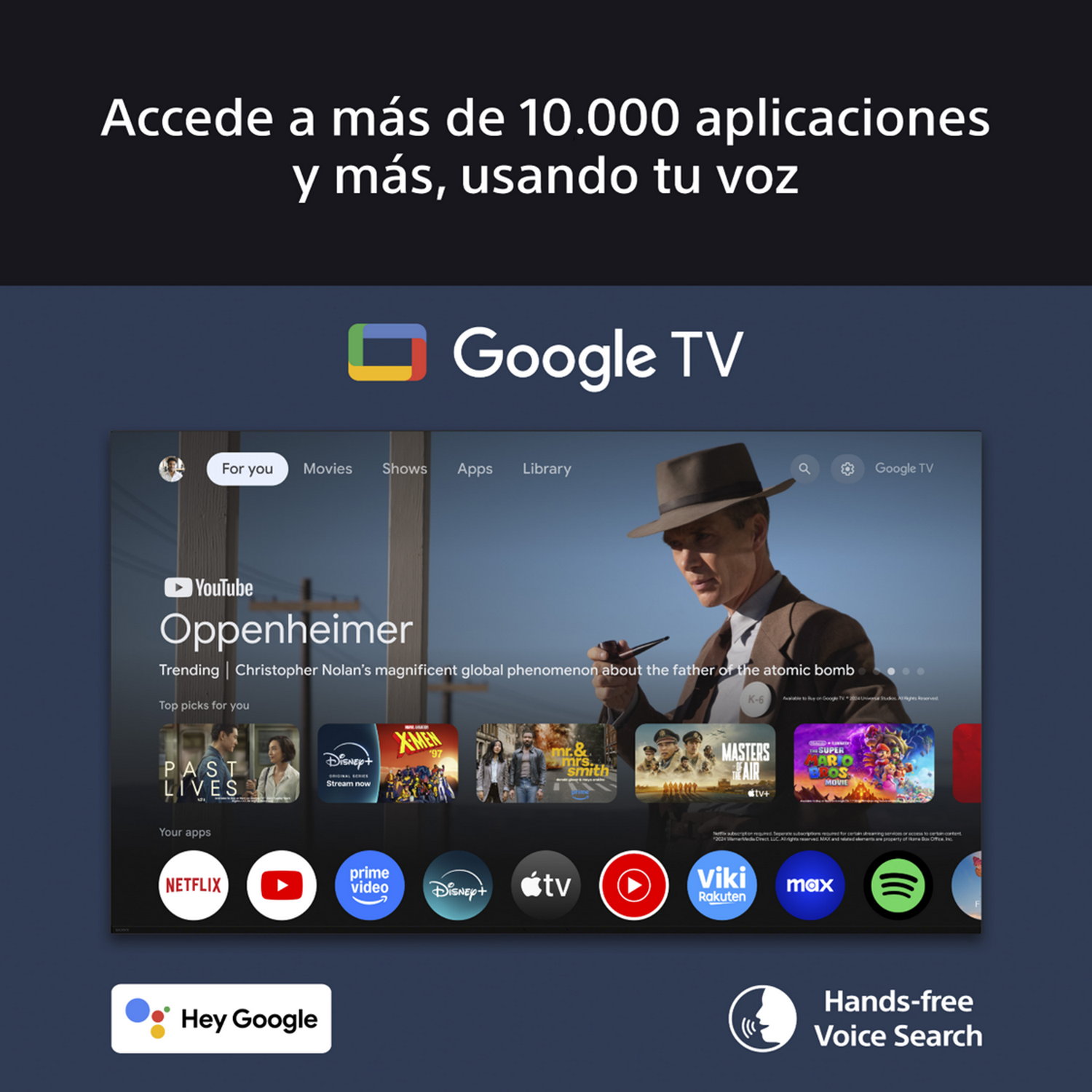 Interfaz Google TV, con aplicaciones de películas en pantalla y un hombre con sombrero.