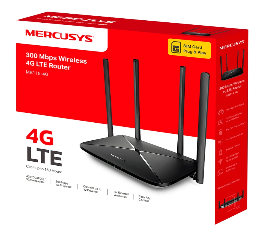 Czarny router 4G LTE w pudełku, z antenami i szczegółami produktu.