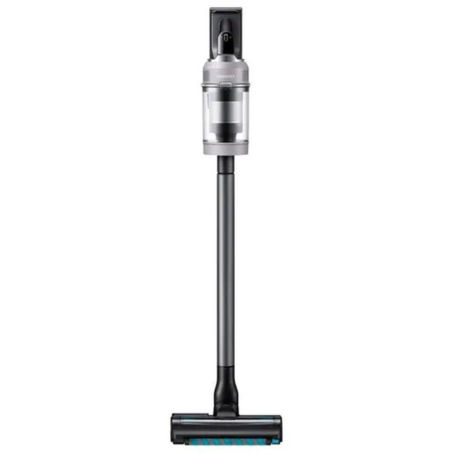Cordless vacuum cleaner, upright design. Grey and black device on a white background.