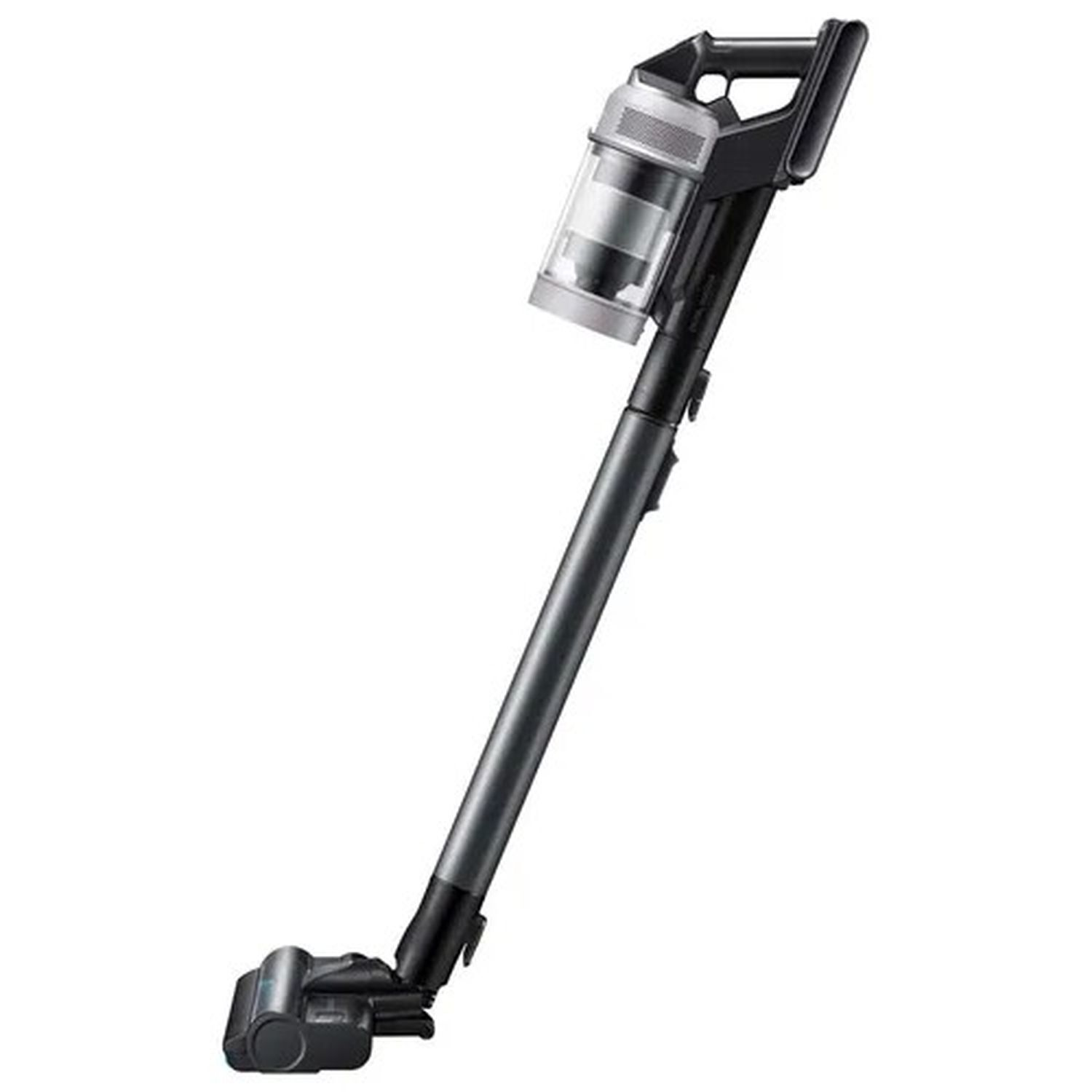 Cordless vacuum cleaner, angled view. Grey and black device on white background.