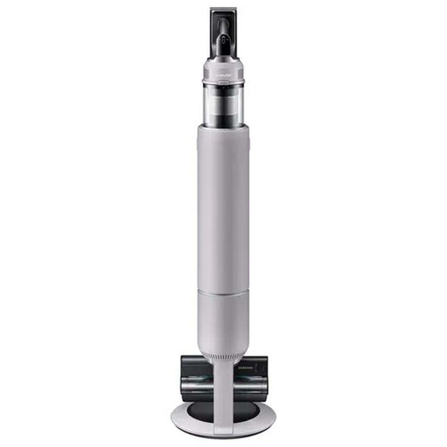 Cordless vacuum cleaner, upright design. White and gray device against a white backdrop.