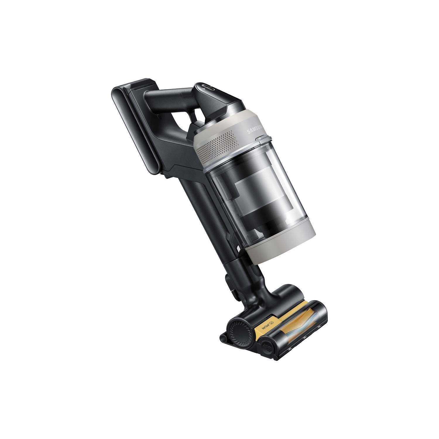 Handheld cordless vacuum. Black and gray device with transparent dustbin, angled view.