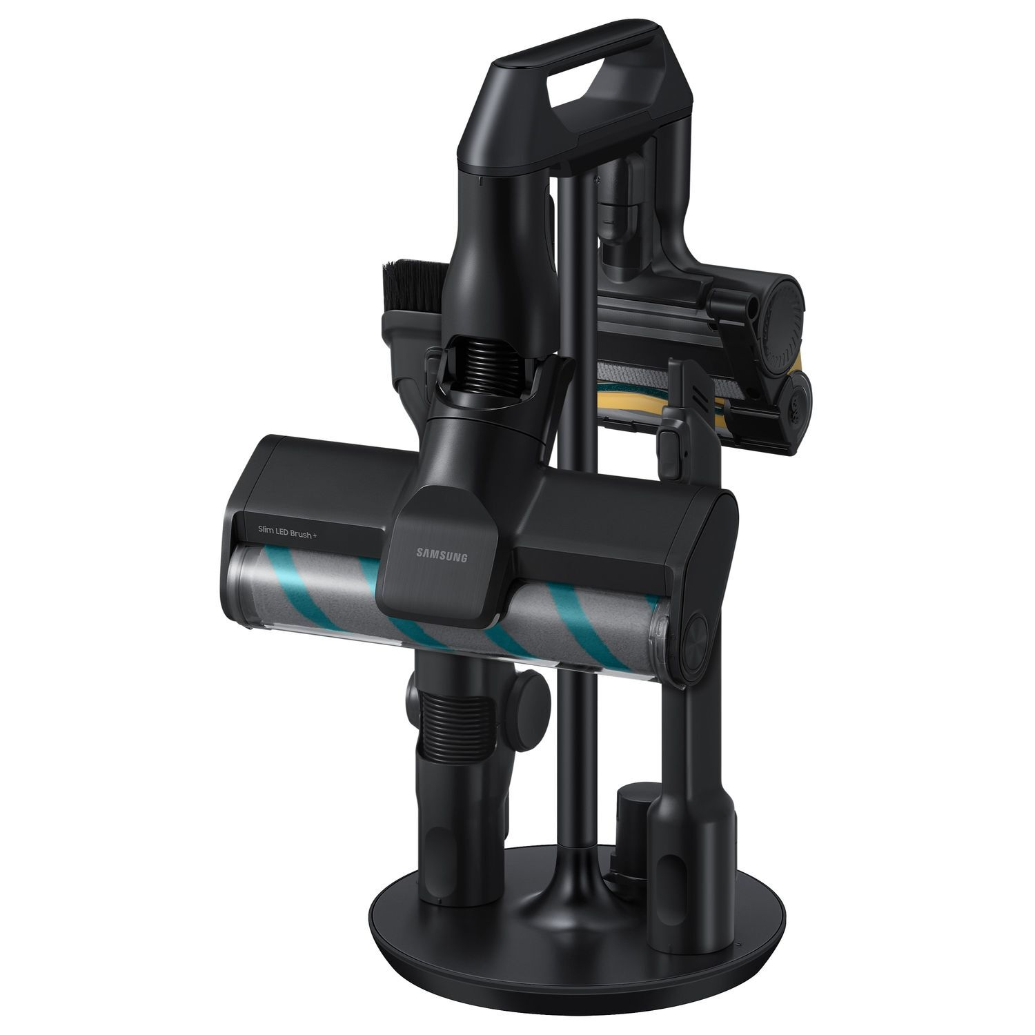 Vacuum cleaner parts on a stand. Black base with various attachments, mostly black.