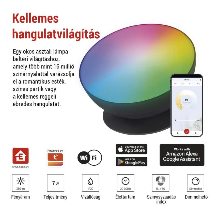 Okos lámpa és funkciók. A lámpa színspektrumot jelenít meg, és egy alkalmazással vezérelhető.