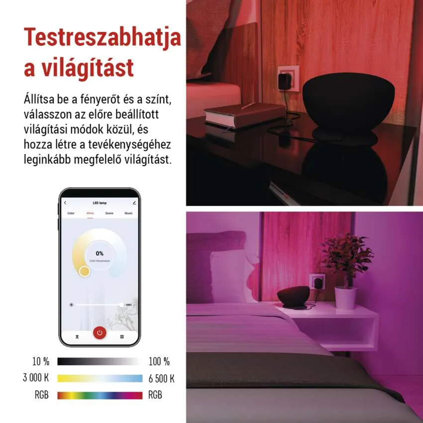 Okos lámpa használatban. Egy jelenet a lámpáról és hatásairól, okostelefonnal vezérelve.