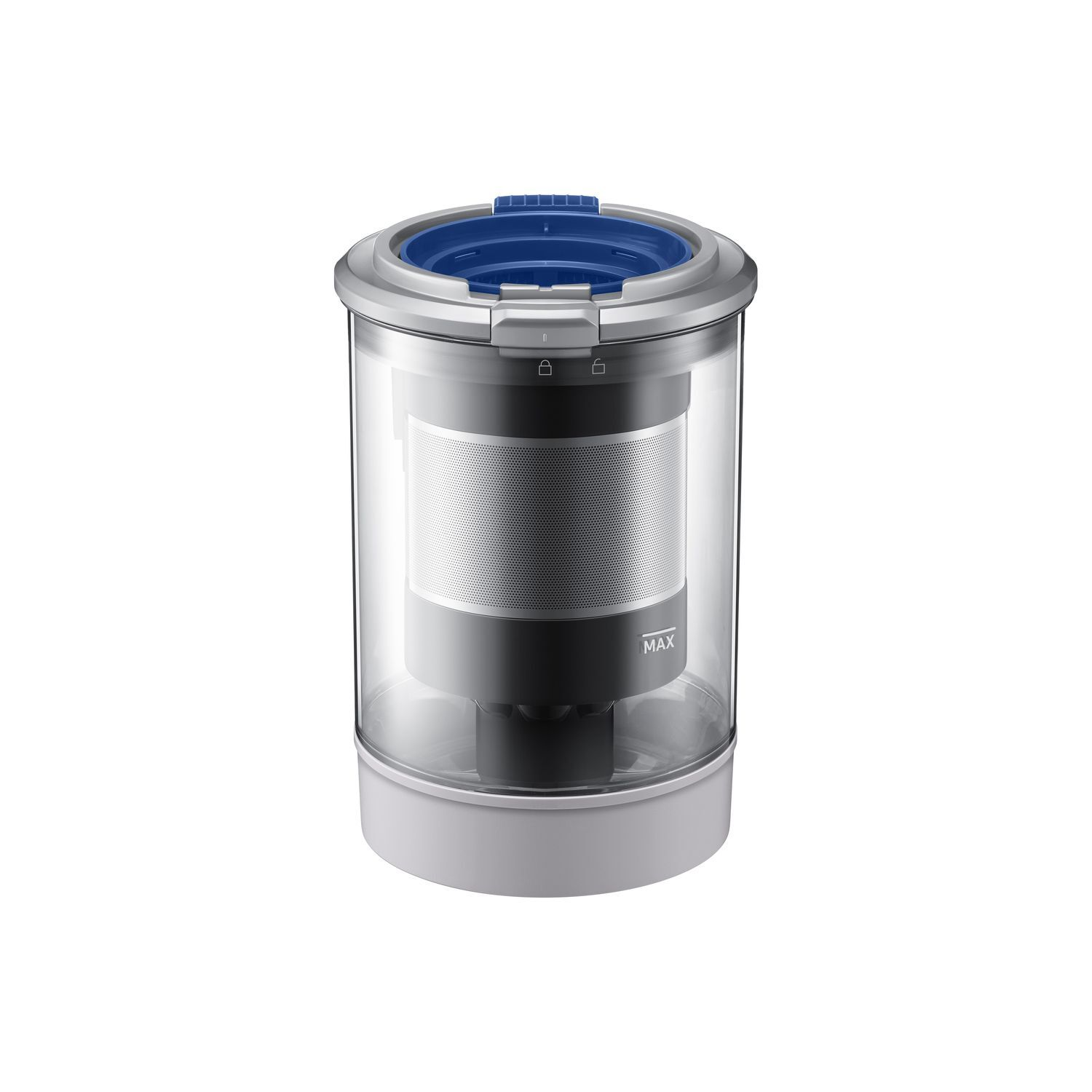 Vacuum cleaner dustbin. Clear, cylindrical container with a blue top and gray base.